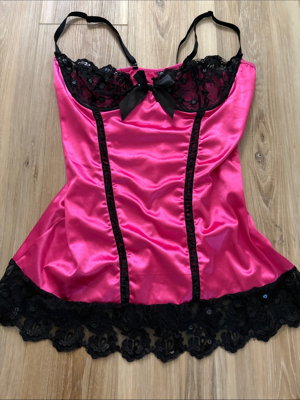 Vintage Exposed by Magic Silk Hot Pink Satin Chemise with Black Lace Trim